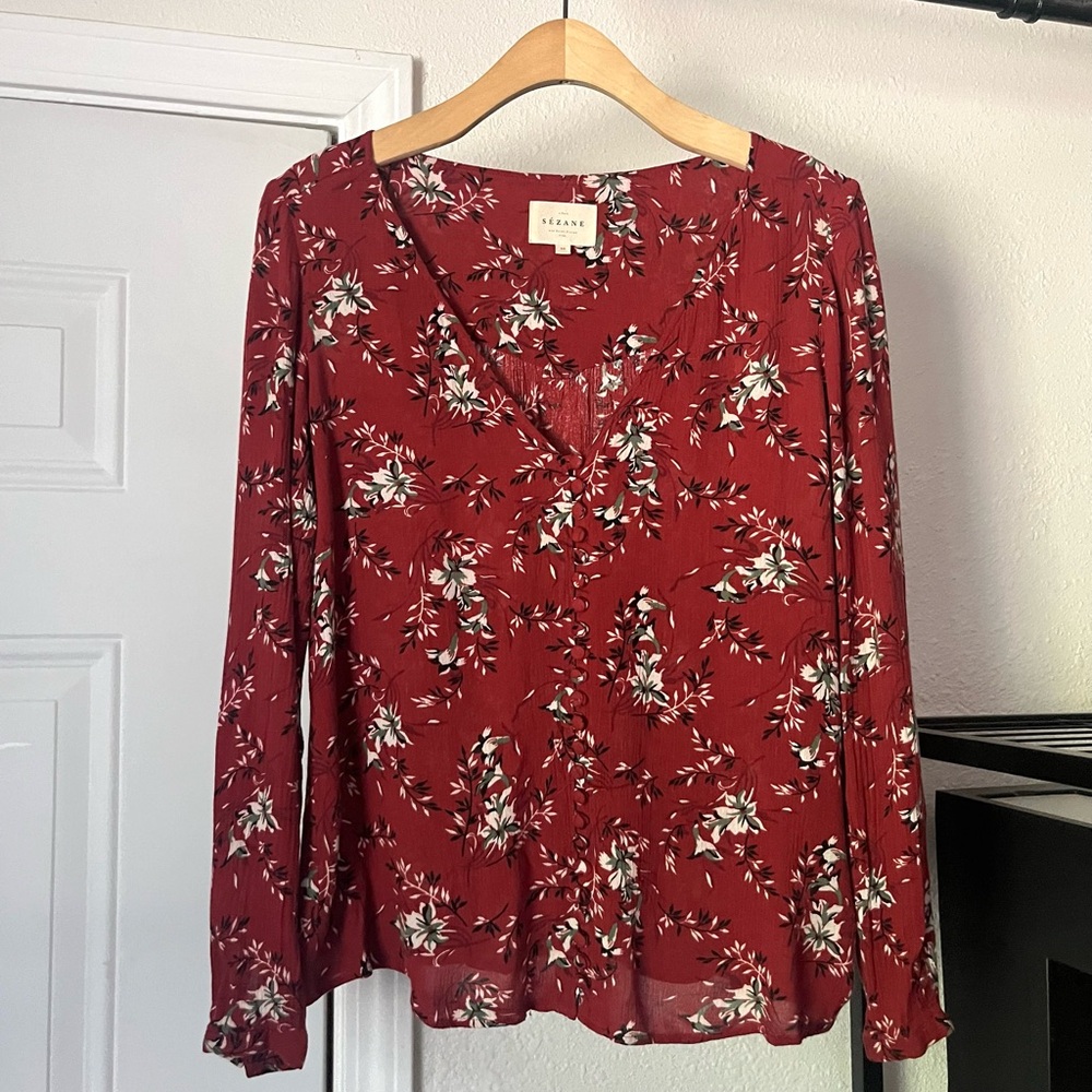 SEZANE red‎ floral viscose gauze button up long sleeve blouse